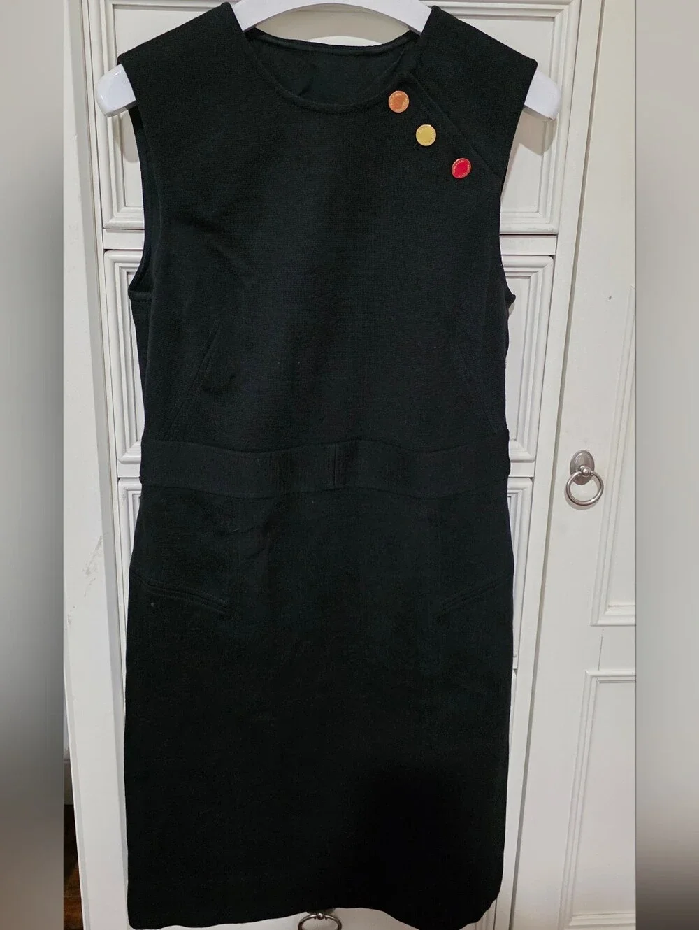 Tory Burch Black Sleeveless Sheath Dress with Gold Buttons